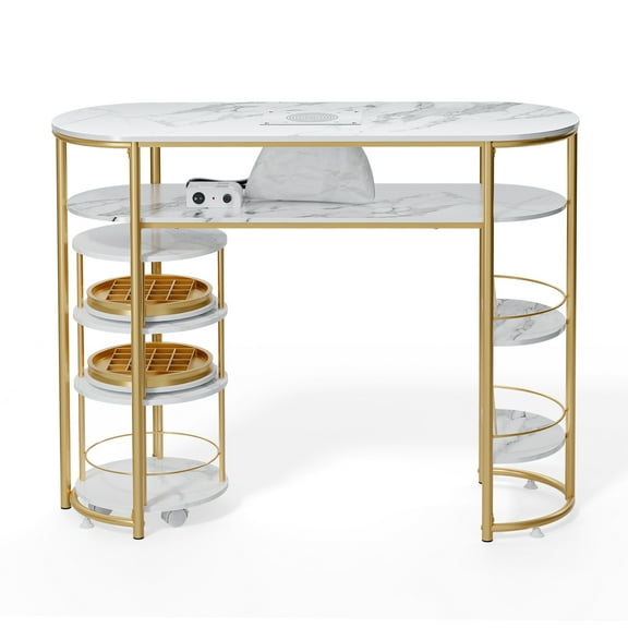 OmySalon Nail Table with Dust Collector & Rolling Cart, White Marbling Modern Nail Station for Nail Tech, Acetone Resistant Beauty Desk for Salon & Spa