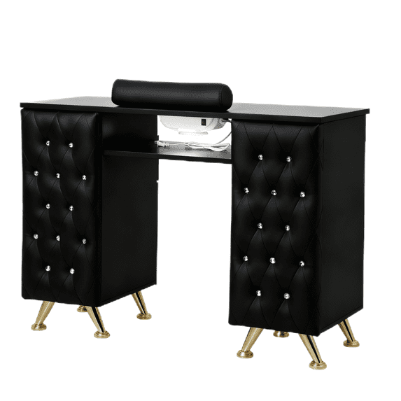 OmySalon Nail Table with Built-in Dust Collector, Tufted Nail Tech Desk with Storage & Hand Rest, Acetone Resistant Beauty Station for Salon & Spa