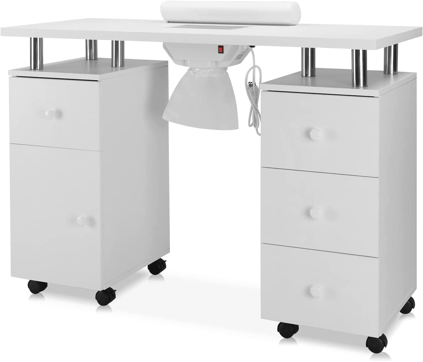 OmySalon New Manicure Nail Table w/Dust Collector&Wrist Rest, Lockable Wheels, Installation Require