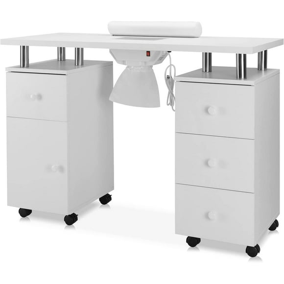 OmySalon New Manicure Nail Table w/Dust Collector&Wrist Rest, Lockable Wheels, Installation Require