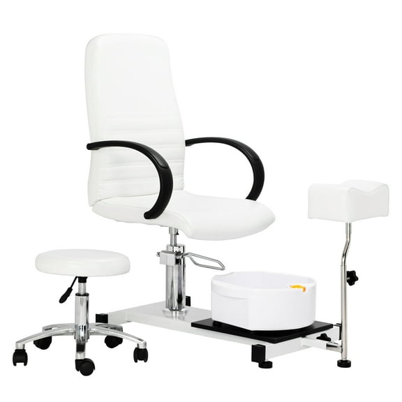 OmySalon Pedicure Chair White with Stool & Bubble Massage Foot Bath, Hydraulic Pedi Chair for Nail Tech, Beauty Spa Salon Unit Station Technician Supplies