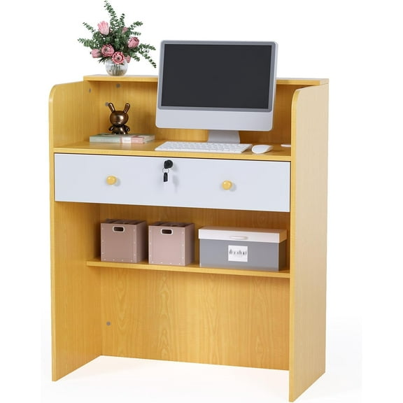 OmySalon Reception Desk with Counter, Small Front Desk w/Lockable Drawer, Wooden Modern Reception Table for Salon Lobby Office Home (Original Wood, 32)