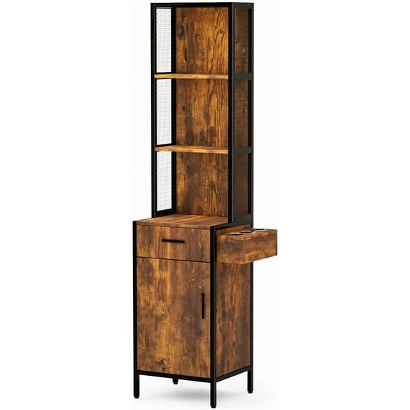 OmySalon Salon Station for Hair Stylist, Wall Mount Barber Stations, Hair Styling Storage Cabinet with 3-Tier Open Shelves,1 Drawer, 1 Cabinet & 3 Hot Tool Holders,Rustic Brown