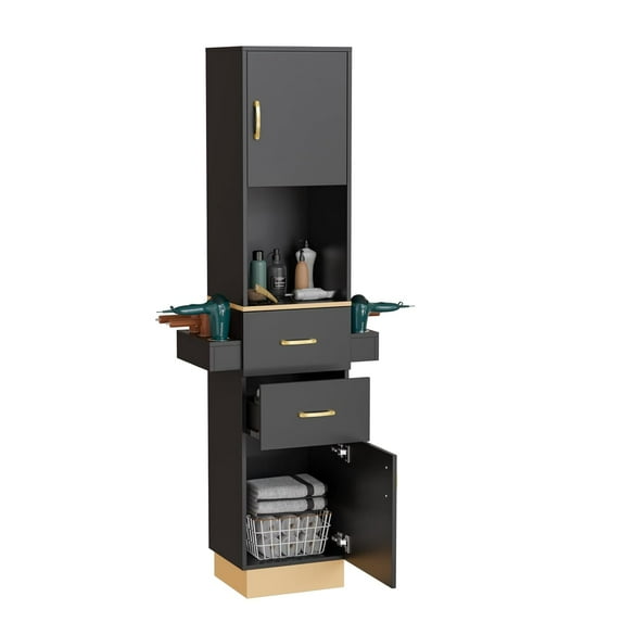 OmySalon Salon Storage Station, Barber Stations Beauty Salon Spa Equipment with 2 Drawers, 2 Storage Cabinet, 6 Hair Dryer Holders for Hair Styling, Black Gold
