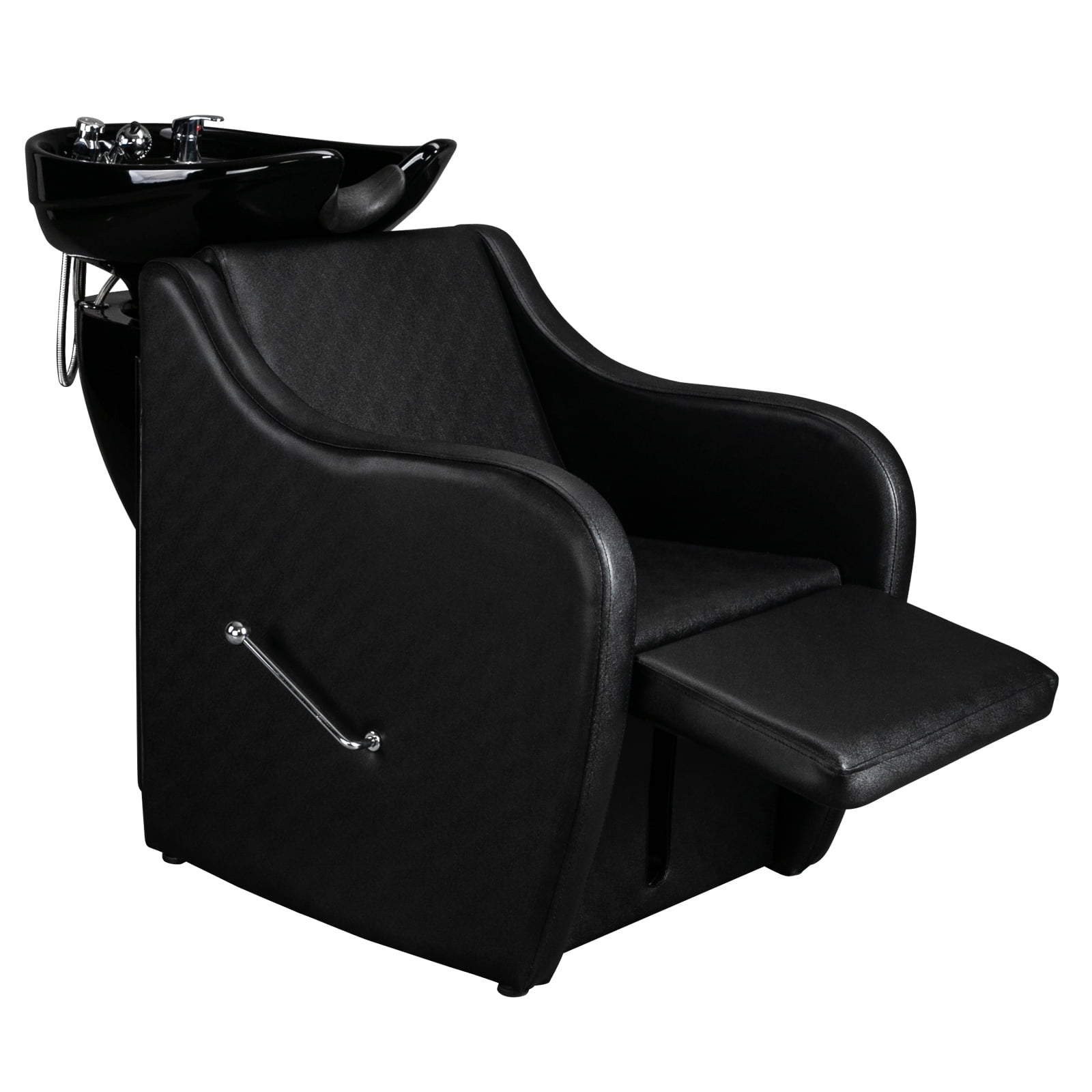 Black PVC Leather Barber Shampoo Chair with Ceramic Bowl and Adjustable Footrest