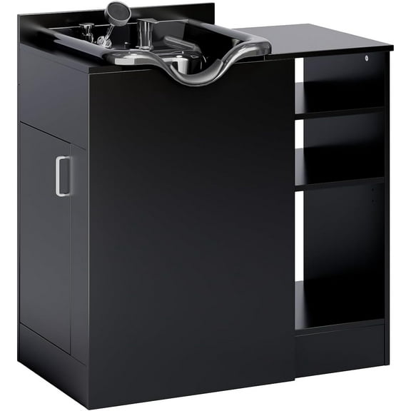 OmySalon Shampoo Station, Shampoo Bowl with Cabinet & Shelf, Salon Station with Sprayer Faucet, Portable Hair Wash Backwash Sink for Beauty Spa Barber
