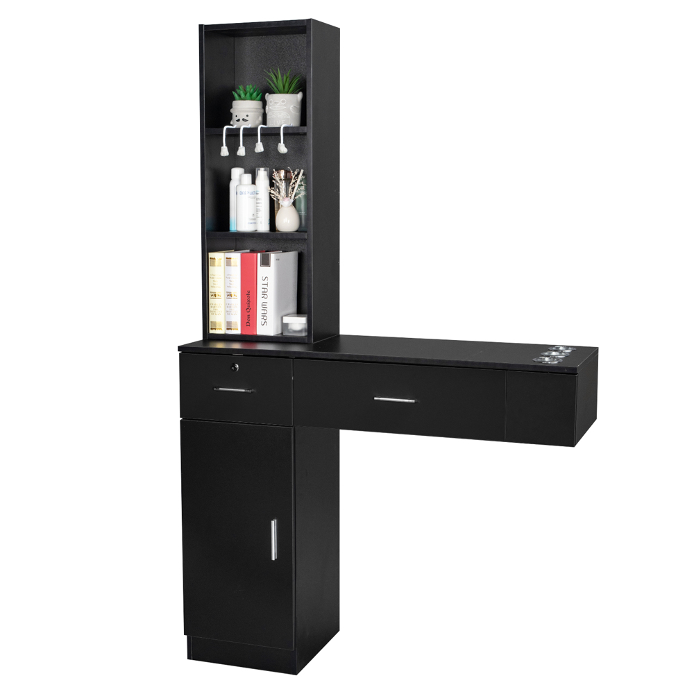 OmySalon Wall Mount Barber Stations, Salon Stations for Hair Stylist, Hair Styling Equipement Set with a Storage Cabinet, 2 Drawers and a 3 Tier Shelf (Black)