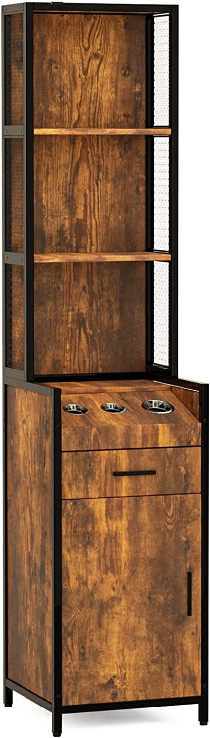 OmySalon Wall Mount Salon Station for Hair Stylist, Barber Stations with 3-Tier Storage Shelf, Hair Styling Storage Cabinet with 1 Drawer, a Large Storage Cabinet & 3 Hot Tool Holders,Rustic Brown