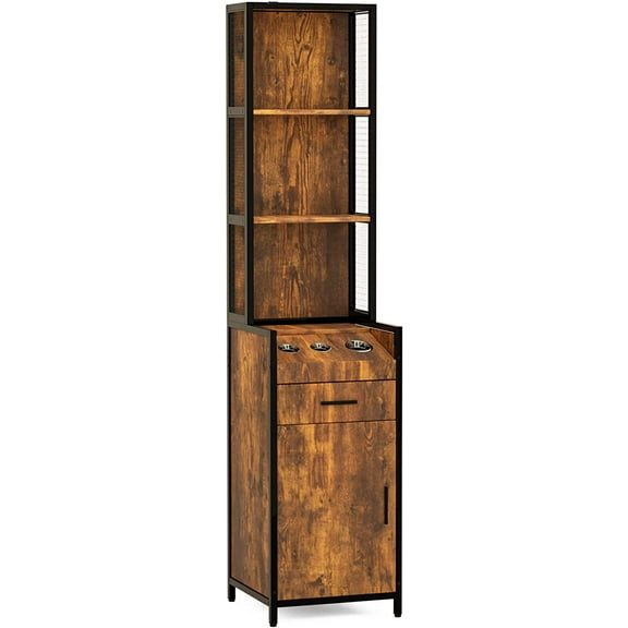 OmySalon Wall Mount Salon Station for Hair Stylist, Barber Stations with 3-Tier Storage Shelf, Hair Styling Storage Cabinet with 1 Drawer, a Large Storage Cabinet & 3 Hot Tool Holders,Rustic Brown