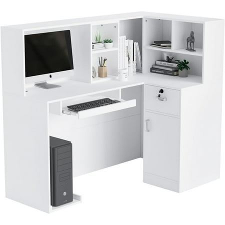 Omysalon Reception Desk, Front Desk with Removable Grid, Retail Checkout Counter with Lockable Drawer, Computer Workstation Table for Hair Beauty Salon, Home Office, Clothing Store, White