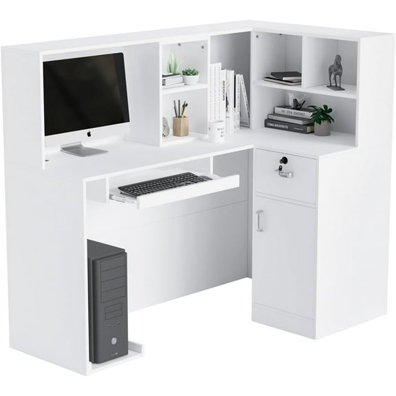 Omysalon Reception Desk, Front Desk with Removable Grid, Retail Checkout Counter with Lockable Drawer, Computer Workstation Table for Hair Beauty Salon, Home Office, Clothing Store, White