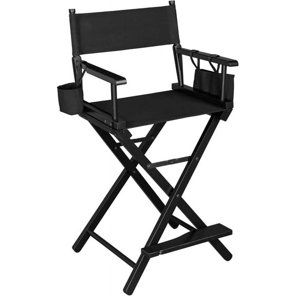 Omysalon Upgraded 24" Height Tall Director Chair Folding Artist Makeup with Replacement Cover Canvas, Storage Side Bags, Portable Footrest, Support 250 lbs,Solid Hardwood & Polyester Black