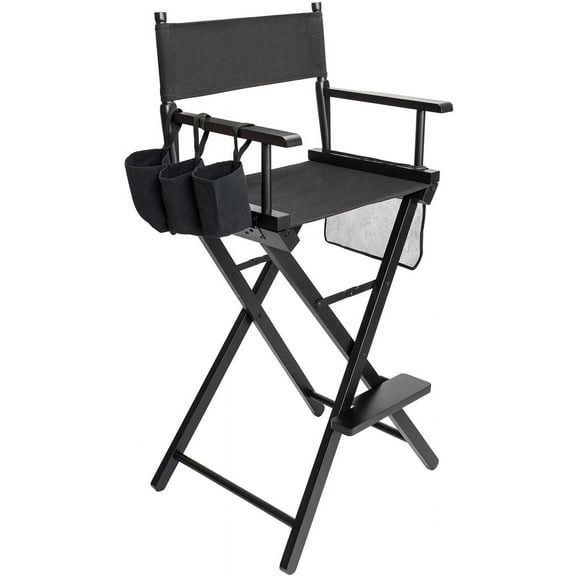 Omysalon Upgraded 31" Height Tall Director Chair Folding Artist Makeup with Replacement Cover Canvas, Storage Side Bags, Portable Footrest, Support 250 lbs,Solid Hardwood & Polyester Black