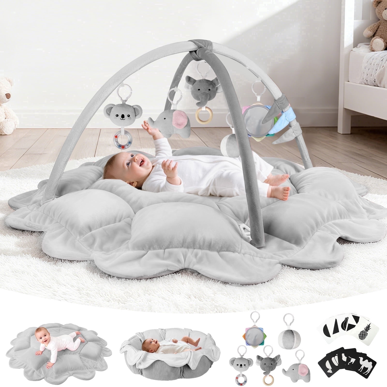 OMZER 5-in-1 Convertible Baby Play Gym, Non-Slip & Washable Activity Center for Babies, Grey