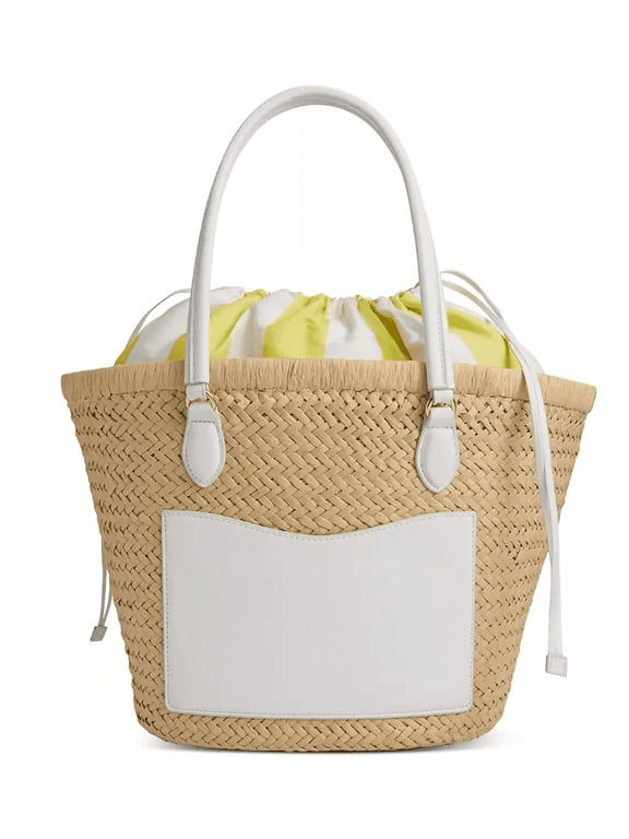 Isabellaa Straw Medium Drawstring Tote, Created for Macy's - Straw/white