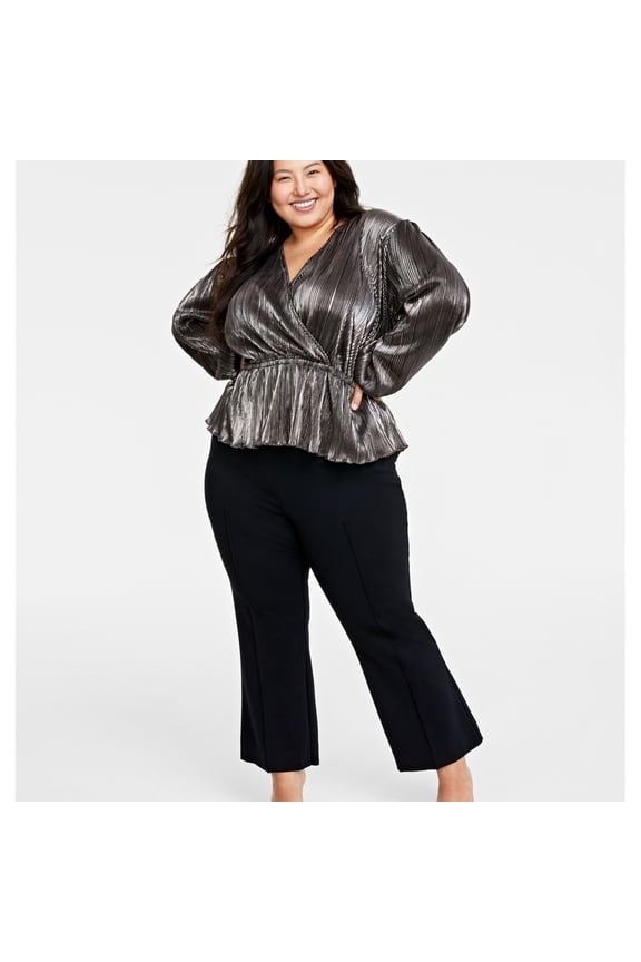 Womens Plisse Peplum Blouse, Black, Plus Size, 2X