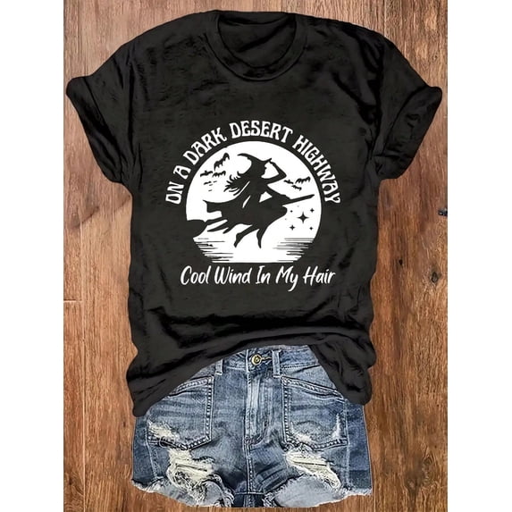 On A Dark Desert Highway Witch Halloween Graphic T‑Shirt, Spooky Season Casual Short Sleeve Tee