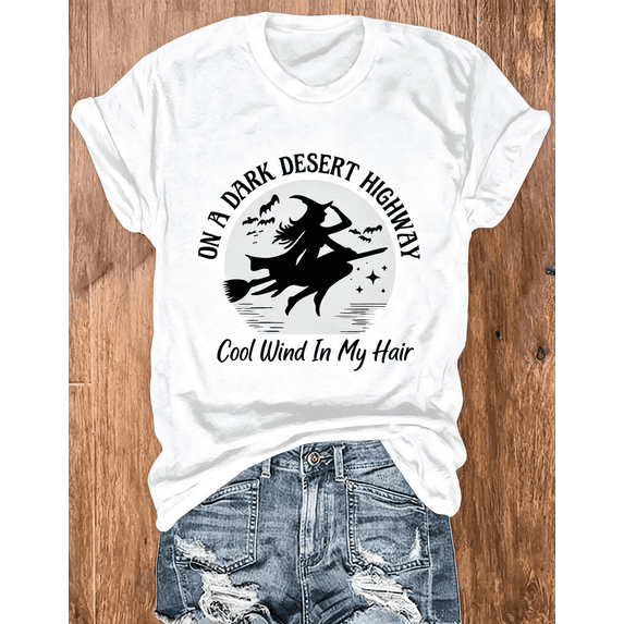 On A Dark Desert Highway Witch Halloween Graphic T‑Shirt, Spooky Season Casual Short Sleeve Tee