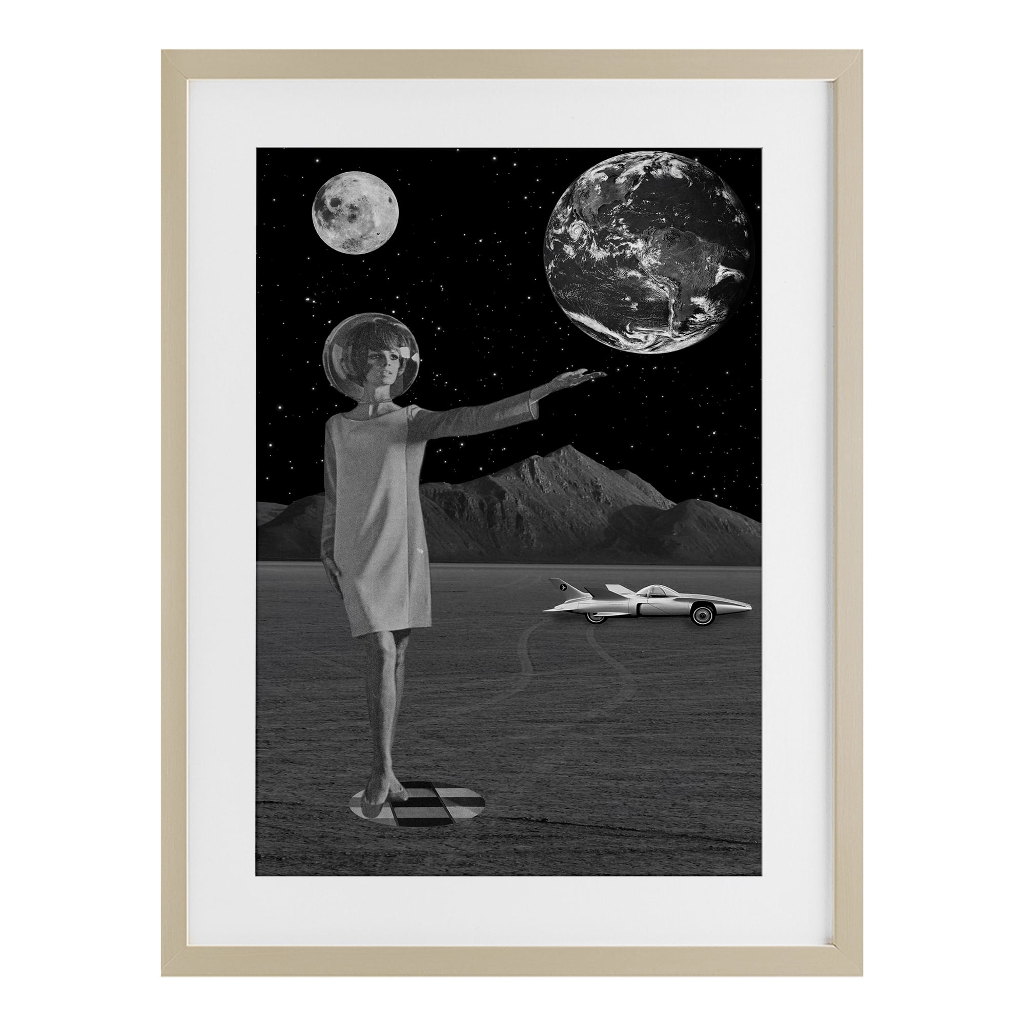 On A Mission Retro Space Birch Framed Print Under Glass, design by Elo Marc