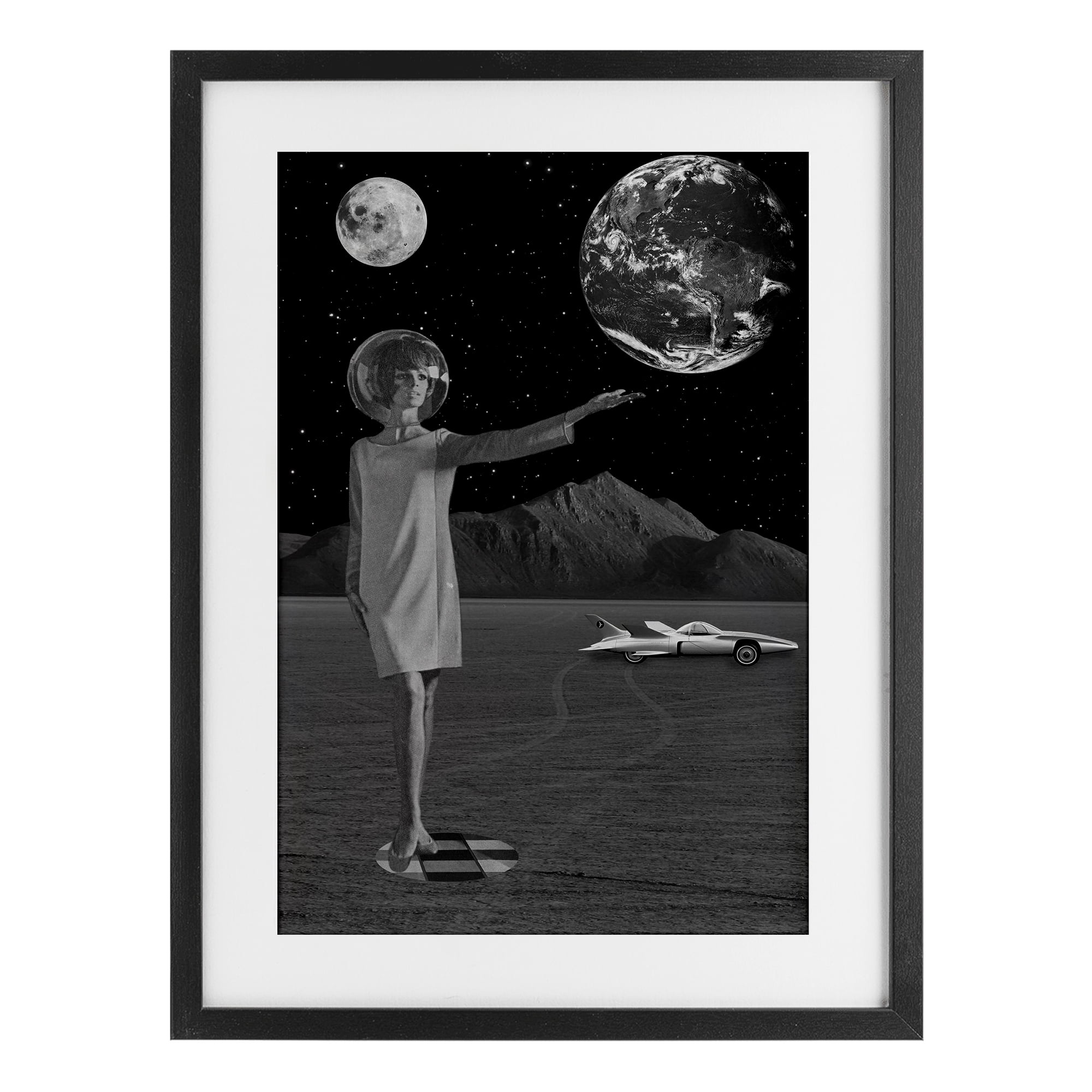On A Mission Retro Space Black Framed Print Under Glass, design by Elo Marc