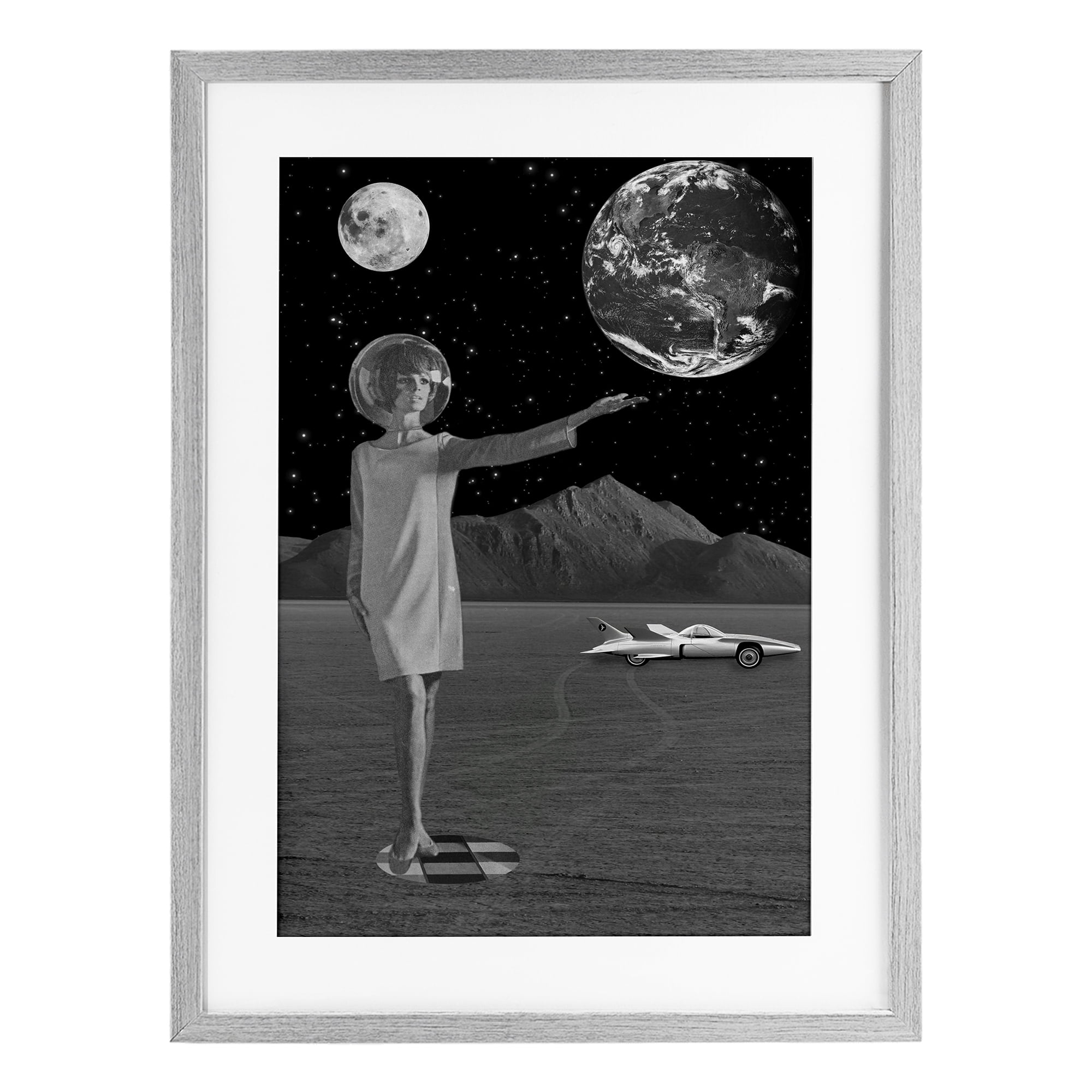 On A Mission Retro Space Gray Framed Print Under Glass, design by Elo Marc
