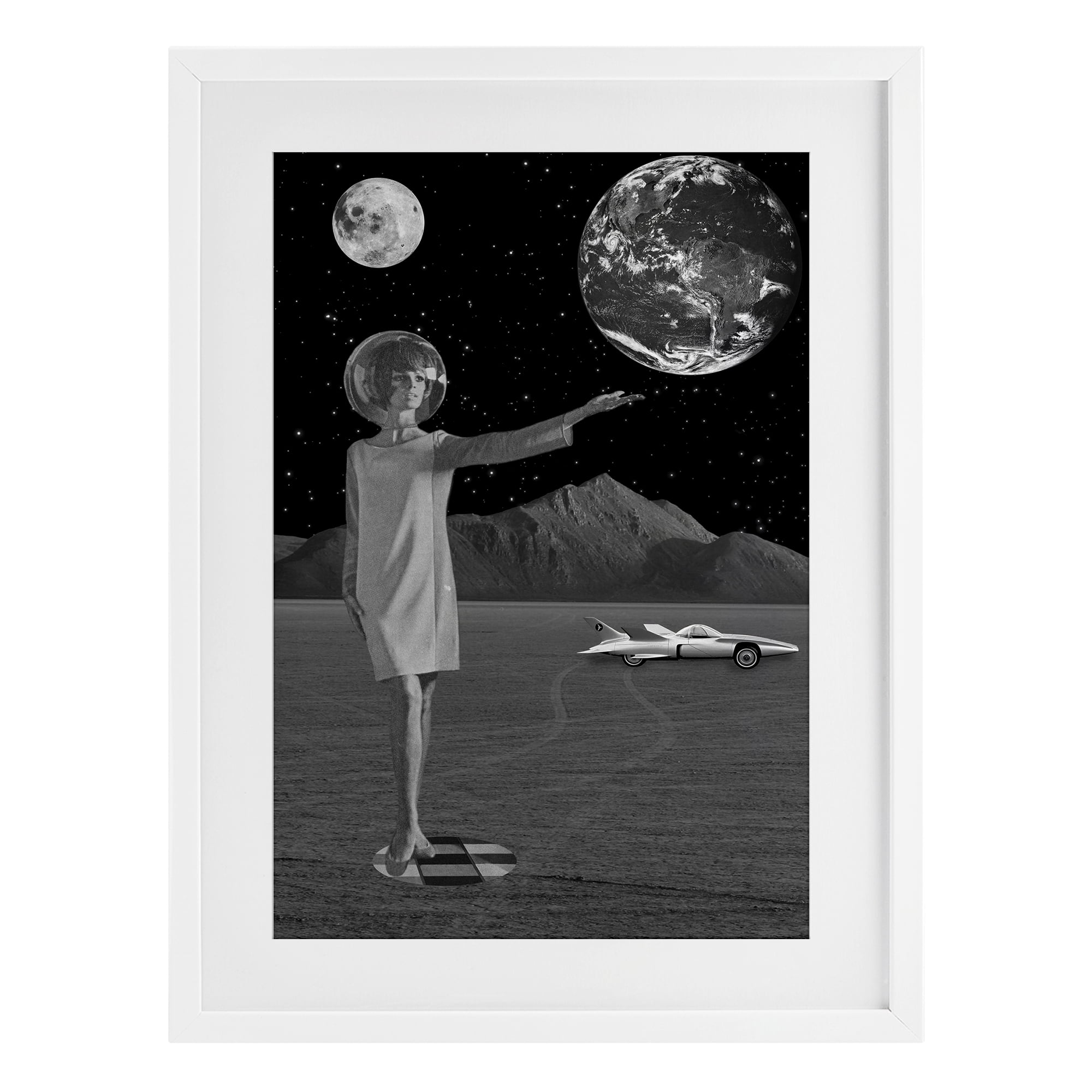 On A Mission Retro Space White Framed Print Under Glass, design by Elo Marc