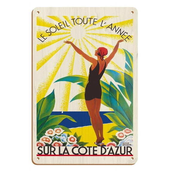 On the Azure Coast France (Sur la Cote d’Azur) - Sunshine all Year - Vintage Travel Poster by Roger Broders c.1931 - 8 x 12 inch Vintage Wood Art Sign