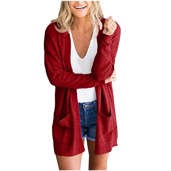 On Clearance RQYYD Women's 2023 Long Sleeve Waffle Knit Cardigan Solid Loose Open Front Cozy Sweater Coat with Pockets