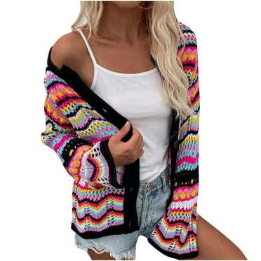 On Clearance RQYYD Womens Hollow Knit Button Down Short Cardigan Sweaters Multicolor Striped Open Front Long Sleeve Crochet Cardigans Outerwear (Black,L)