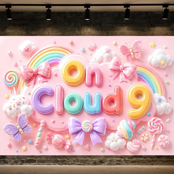 On Cloud 9 Backdrop, Pink Pastel Rainbow Candy Banner,7x5FT