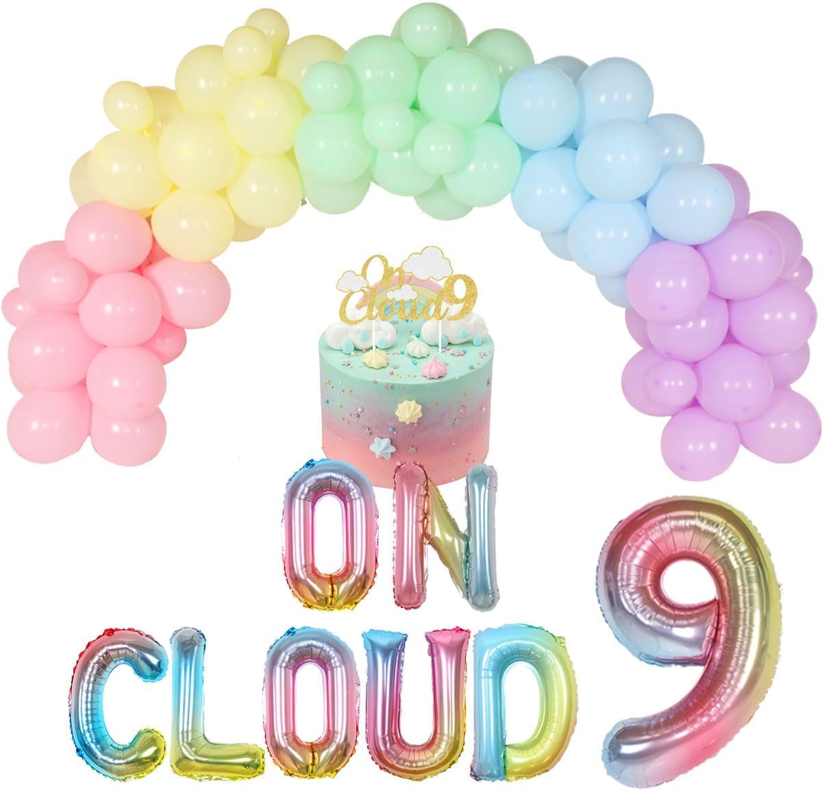 On Cloud 9 Geburtstags-Deko Für Mädchen – Ballon-Set Mit Regenbogen, Wolken, Zahl 9, Pastellfarben
