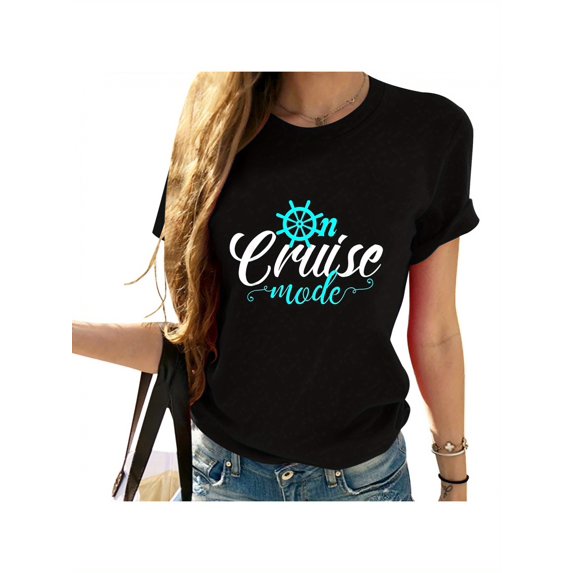 On Cruise Mode Outfit Cruise Vacation Family Trend Women'S Short Sleeve Printed T-shirt, Casual and Stylish Top for Any Occasion