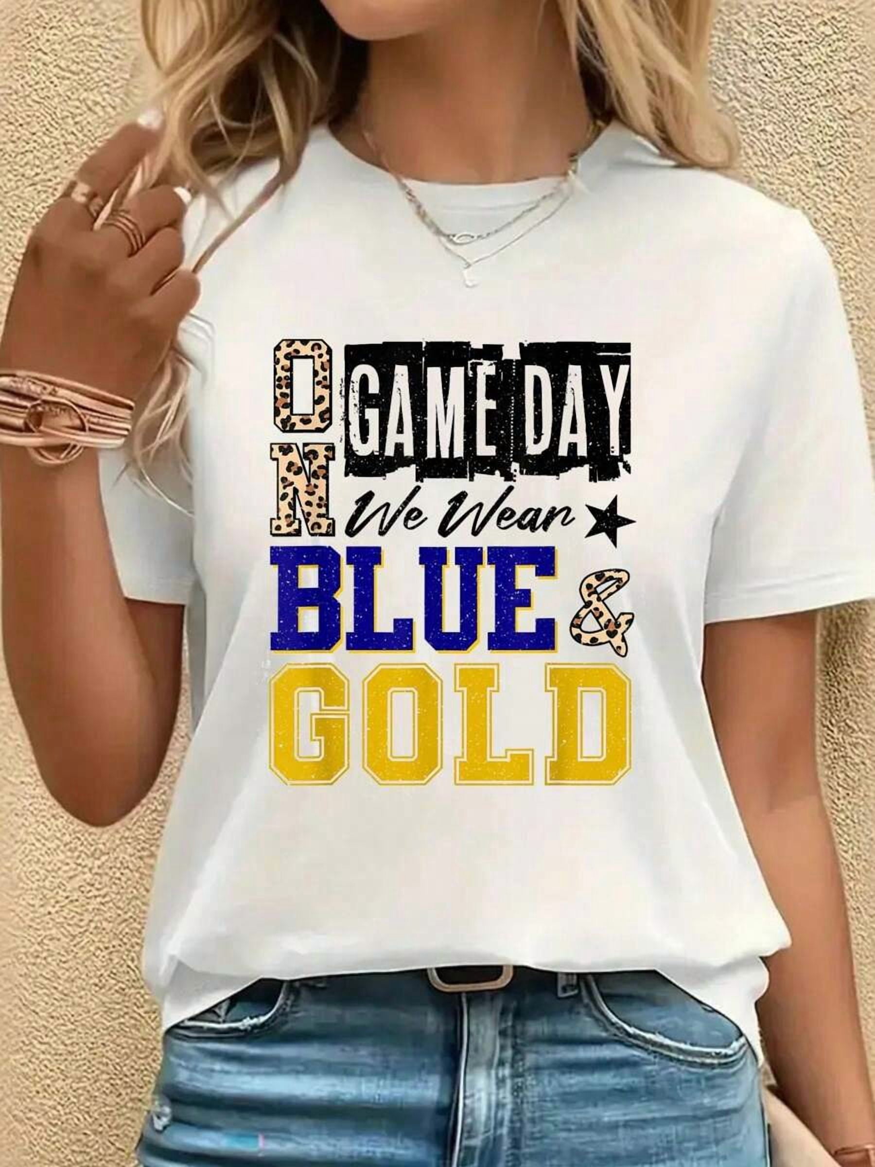 On Gameday Football We Wear Blue And Gold School Spirit T-Shirt, Casual  Crew Neck Short Sleeved Summer Top,White T-Shirt - Walmart.com