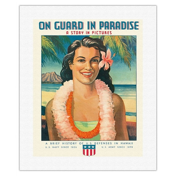 On Guard in Paradise - Hawaiian Hula Girl - Vintage Hawaiian Magazine Cover by Chadwick c.1935 - Fine Art Rolled Canvas Print (Unframed) 16in x 20in