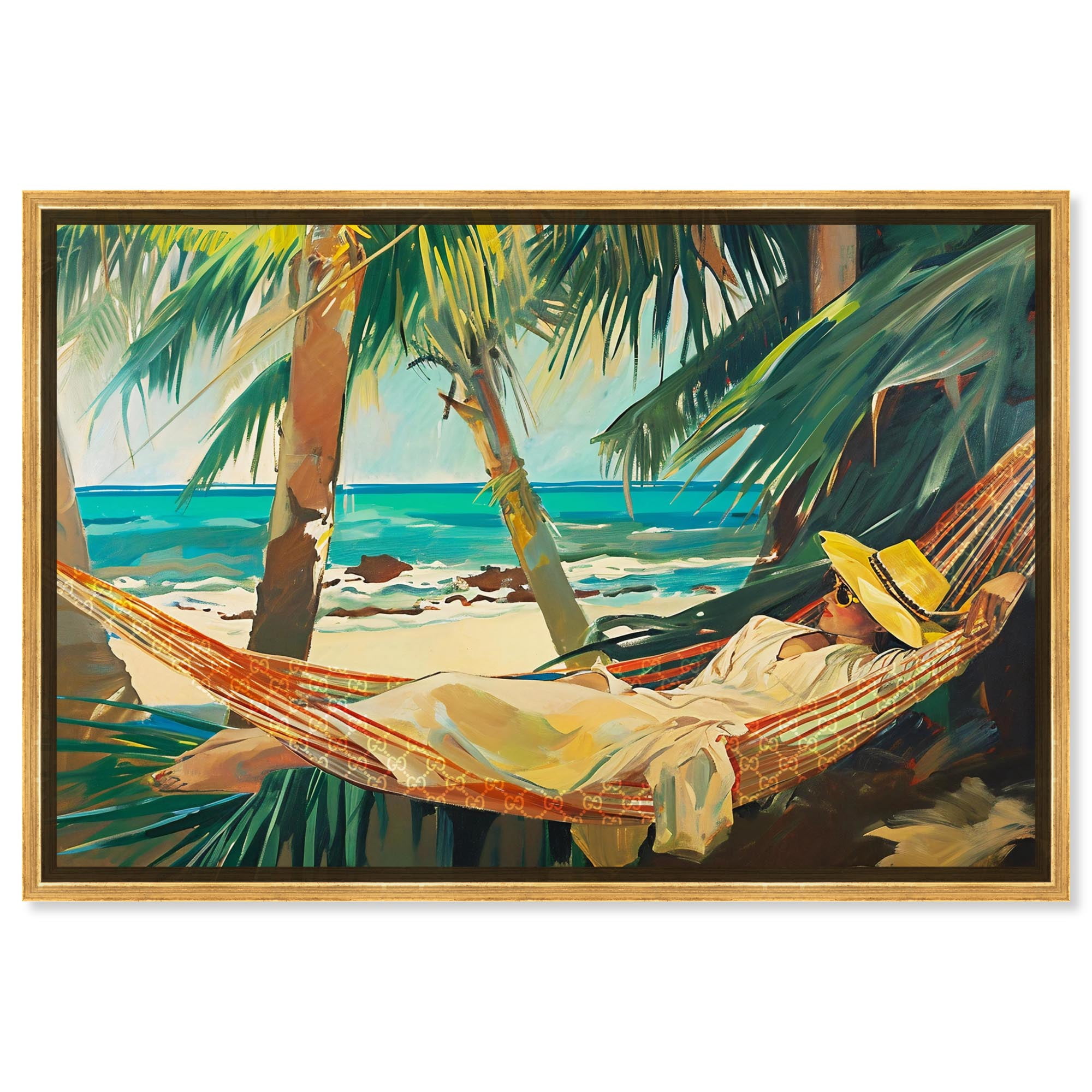 On Her Hammock Canvas Glam Beach Wall Art by Art Remedy, Gold Frame, 36 ...