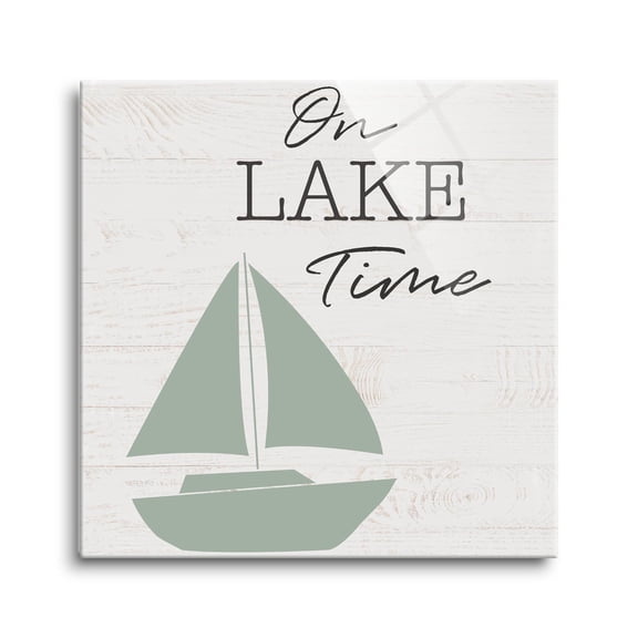 On Lake Time White Woodgrain Boat 24 x 24 Glass Wall Hanging Sign