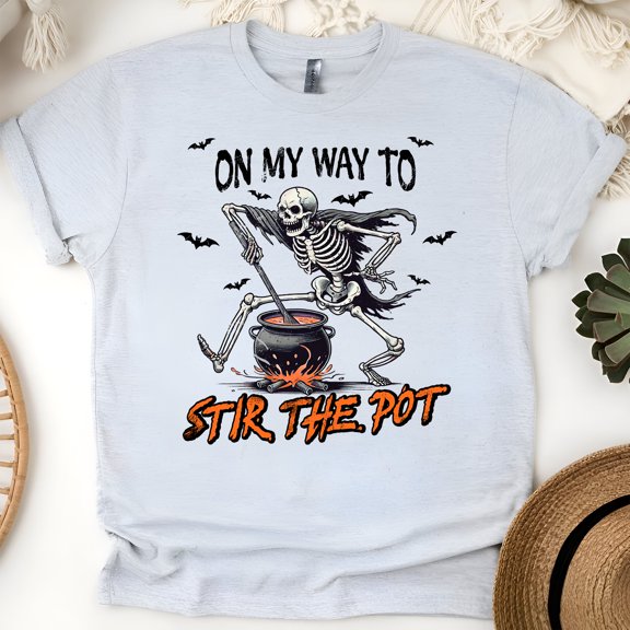 On My Way to Stir The Pot Skeleton Graphic Tee | Funny Skeleton Shirt for Women, Ash, Size S