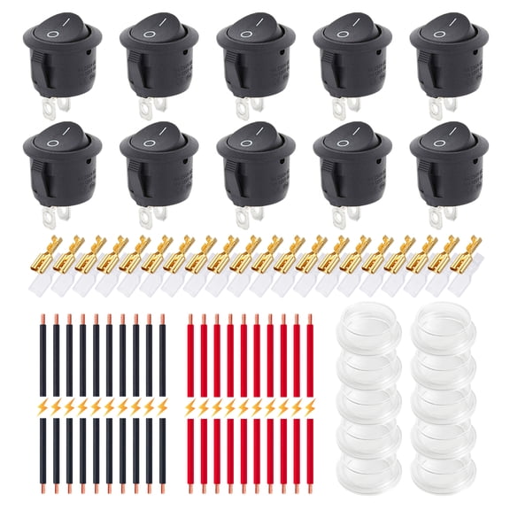 On/Off Round Rocker Switches, Ampper 2 Pin 12V DC & 250V/125V AC 20MM Round SPST Toggle Switch with Wires, Terminals and Cover (Pack of 10)