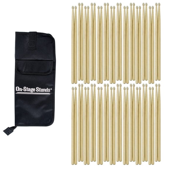 On-Stage 30 Pair 5B Wood Tip Drumsticks with Stick Bag
