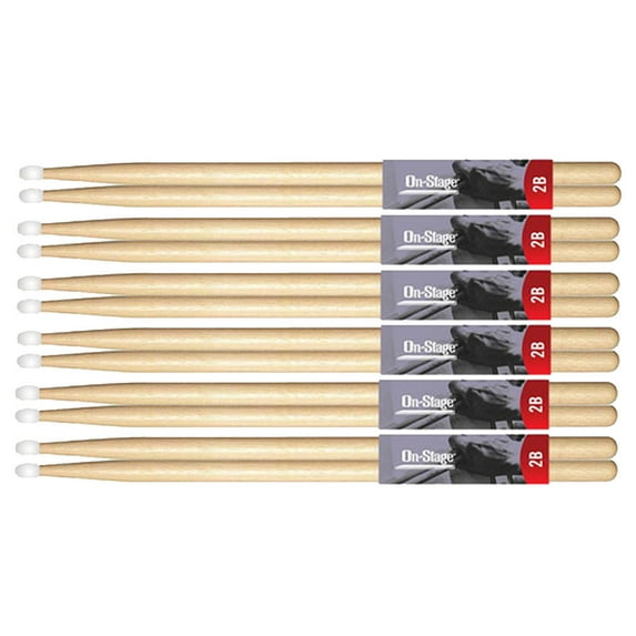 On Stage AMH2BN American Made Hickory Drumsticks (2B, Nylon Tip, 6 Pair)