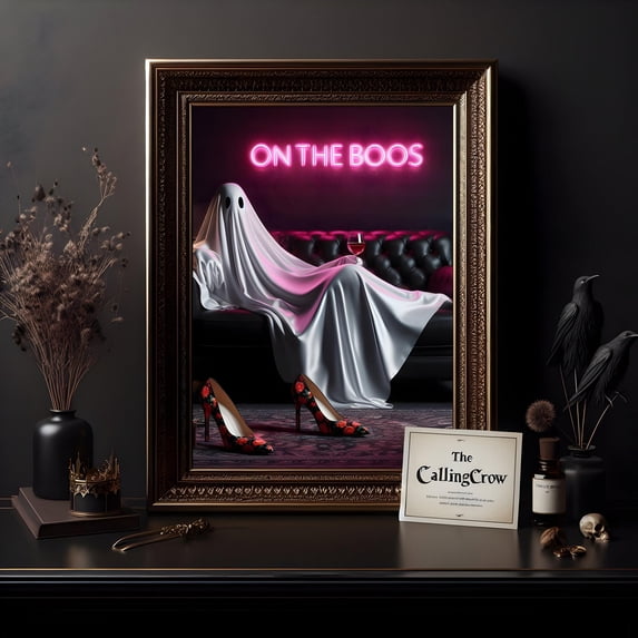 Fun Ghost Poster On The Boos Neon Sign Ghost Print, Funny Print Art Poster, Neon Sign ...