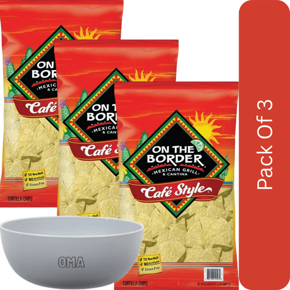 On The Border Caf Style Tortilla Chips, Sea Salt, Gluten Free, 23.5 oz Bag With Olive White Bowl By OMA