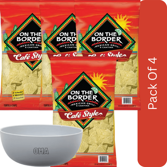 On The Border Caf Style Tortilla Chips, Sea Salt, Gluten Free, 23.5oz bag-4pk, With Olive White Bowl By OMA
