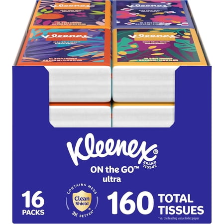 On-The-Go Facial Tissues, 16 On-The-Go Packs, 10 per Box, 3-Ply (160 Total), Packaging May Vary