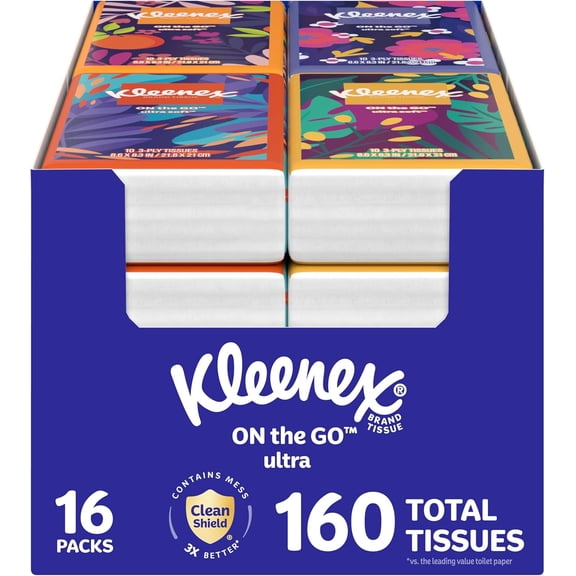 On-The-Go Facial Tissues, 16 On-The-Go Packs, 10 per Box, 3-Ply (160 Total), Packaging May Vary