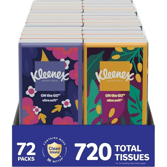 On-The-Go Facial Tissues, 72 On-The-Go Packs (3 Trays of 24 Packs), 10 Tissues per Box (720 Total), 3-Ply, Packaging May Vary