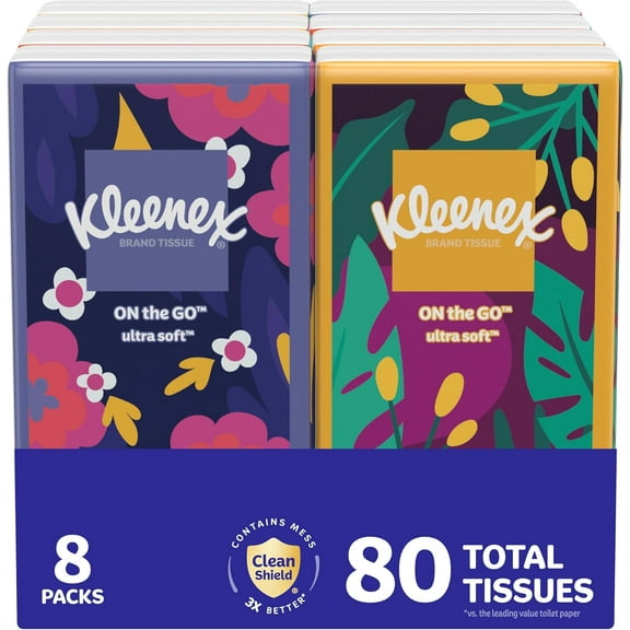 On-The-Go Facial Tissues, 8 On-The-Go Packs, 10 Tissues per Box, 3-Ply (80 Total), Packaging May Vary