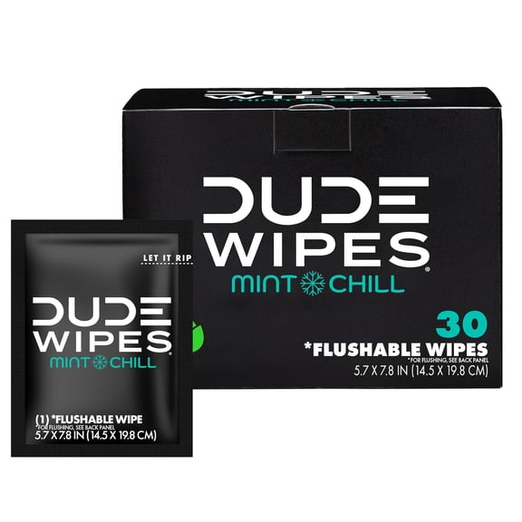 On-The-Go Mint Chill Travel Wipes - 30 Count (Individually Wrapped) - Extra-Large Adult Flushable Wipes - Infused with Tea Tree Oil, Vitamin E, and Aloe - Septic and Sewer Safe