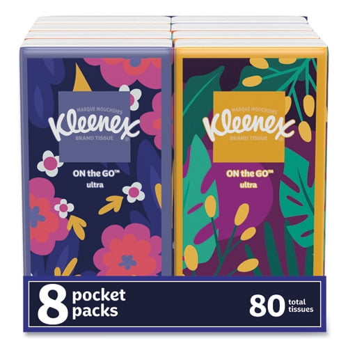 On The Go Packs Facial Tissues 3-Ply, White, 10 Sheets/Pouch, 8 Pouches/Pack, 12 Packs/Carton
