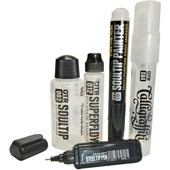 On The Run Empty Marker Set of 5 - Refillable Empty OTR Markers and Steel Tip Pen for Urban Street Art